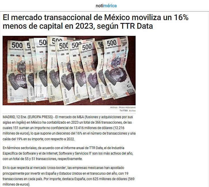 El mercado transaccional de Mxico moviliza un 16% menos de capital en 2023, segn TTR Data